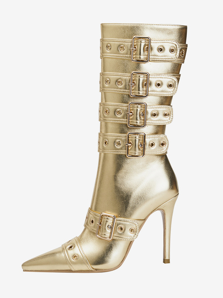 Image of Stivali alti al ginocchio dorati Stivali a metà polpaccio con dettaglio fibbia a punta