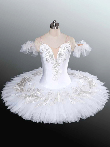 Image of Abito da balletto Bianco Ballerina per adulti da donna con paillettes Volant Abito in pizzo in poliestere Abbigliamento da ballo