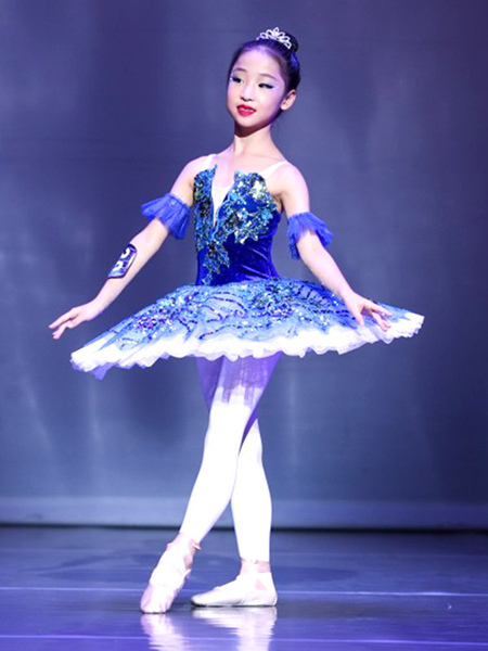 Image of Abito da balletto blu intenso per adulti ballerina per bambini volant pizzo stampa floreale abito in poliestere abbigliamento da prestazione