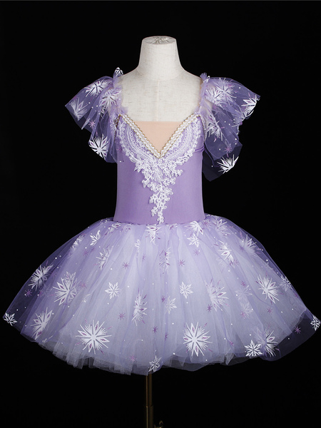 Image of Costumi di danza classica Viola Ballerina per bambini con volant in pizzo Stampa floreale in poliestere Abito da ballo