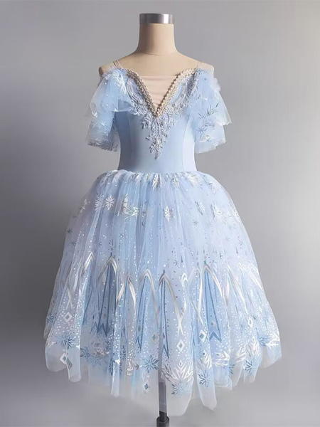 Image of Abito da balletto azzurro cielo ballerina da donna per bambini con paillettes pizzo stampa floreale abito in poliestere completo da ballo