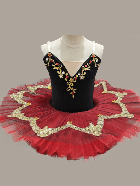Image of Costumi di danza classica Ballerina per bambini rossa con applicazioni di strass in pizzo e poliestere set di abiti da ballo