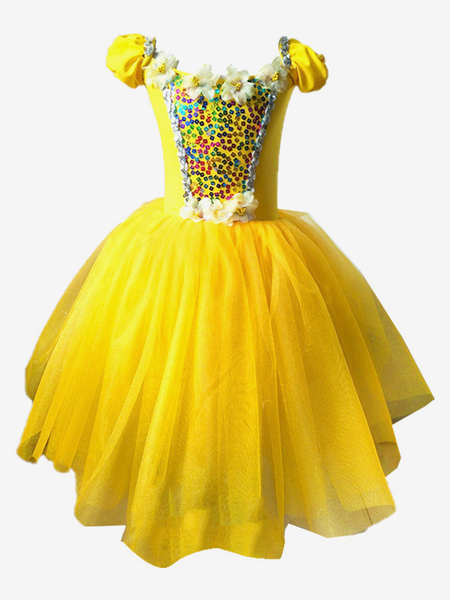 Image of Abito da balletto giallo Ballerina per bambini con paillettes fiori Abito in poliestere Set abbigliamento da prestazione