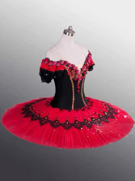 Image of Abito da balletto Rosso Ragazza Ballerina per adulti Strass Fiori Abito in pizzo in poliestere Set abbigliamento da prestazione