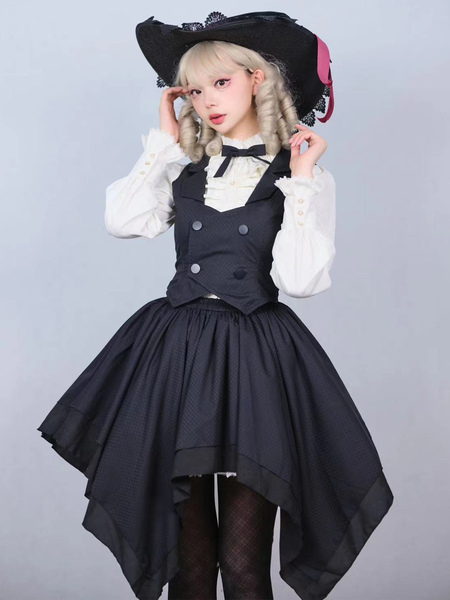 Image of Abiti da Lolita gotica Camicetta con gonna a maniche lunghe con fiocchi di pizzo nero