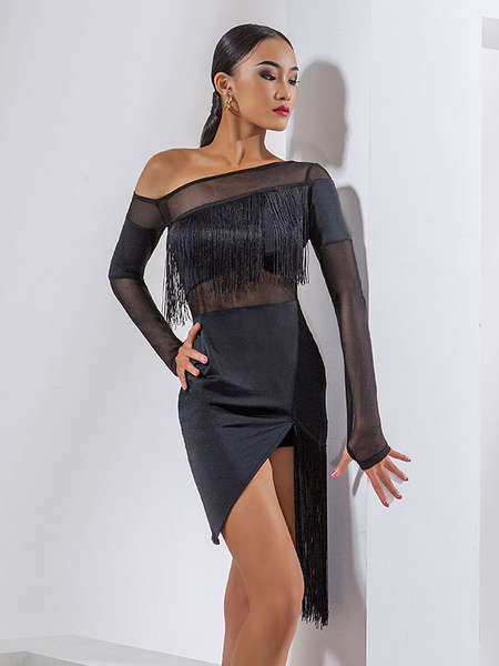 Image of Costume da ballo latino Set da donna nero con frange a strati Abito sexy in poliestere Abbigliamento da ballo