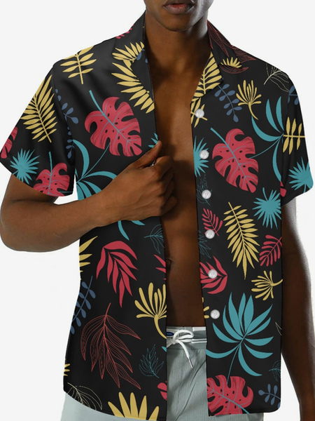 Image of Camicia casual da uomo a maniche corte Top Hawaii con stampa tropicale nera