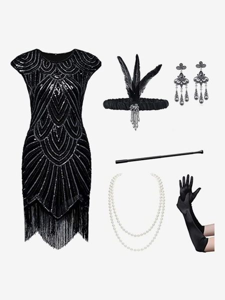 Image of Costumi retrò neri Set di accessori in poliestere con paillettes con frange da donna Abito da ballo retrò in costume di Maria Antonietta