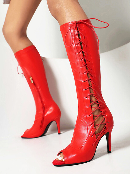 Image of Stivali sandalo rossi Stivali tacco alto con lacci e punta aperta al ginocchio