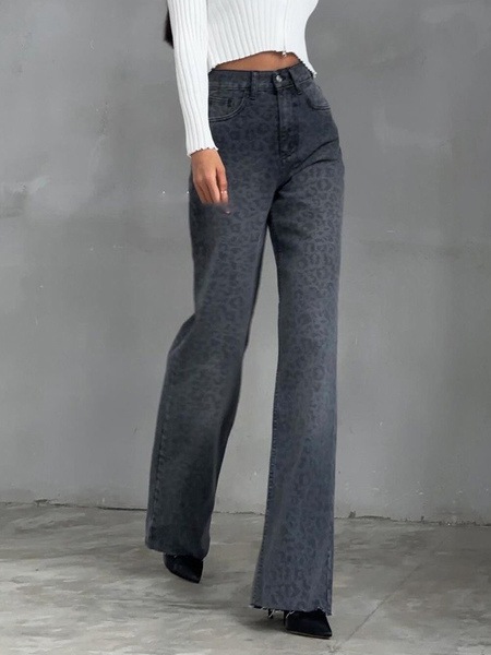 Image of Pantaloni Pantaloni con stampa animalier in cotone grigio a vita rialzata