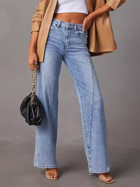 Image of Jeans a gamba larga Pantaloni patchwork a vita alta con bottoni Pantaloni casual da donna