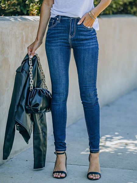 Image of Pantaloni in denim casual con cerniera alta a vita alta in jeans skinny blu