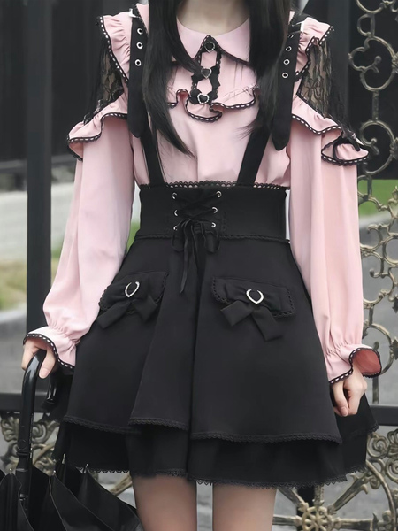 Image of Abiti da Lolita gotica Camicetta con gonna a maniche lunghe in pizzo con volant rosa