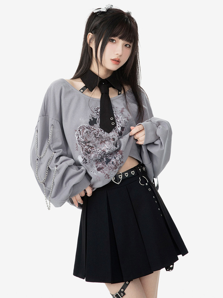 Image of Abiti Gothic Lolita Top con gonna a maniche lunghe con stampa floreale e dettagli in metallo grigio