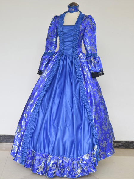 Image of Costumi retrò blu Girocollo con stampa floreale in tessuto di raso con lacci Costume di Maria Antonietta Set gotico da donna Abbigliamento vintage
