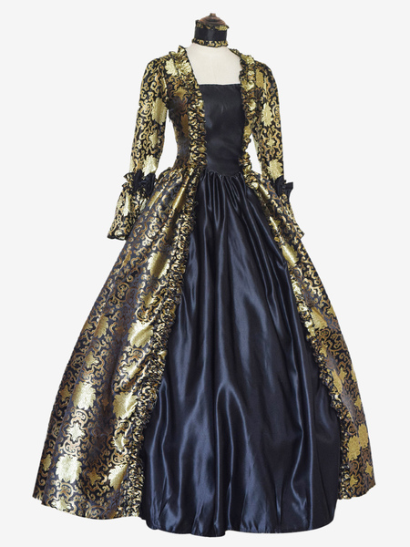 Image of Costumi retrò in oro nero Tessuto di raso con lacci Costume di Maria Antonietta Abito con stampa floreale Abito da ballo da donna con set gotico