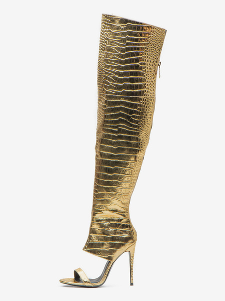 Image of Stivali sopra il ginocchio dorati Stivali sexy con tacco a spillo e punta aperta con motivo pietra metallizzata