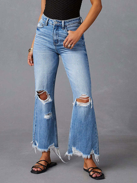 Image of Jeans da donna affascinante in poliestere svasato effetto invecchiato