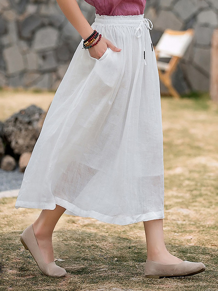 Image of Gonne Cotone bianco Lino Vita naturale Pantaloni da donna lunghi eleganti oversize autunnali