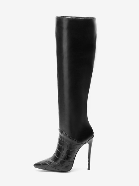 Image of Stivali a metà polpaccio con tacco a spillo e punta a punta nera in pelle PU per stivali da donna