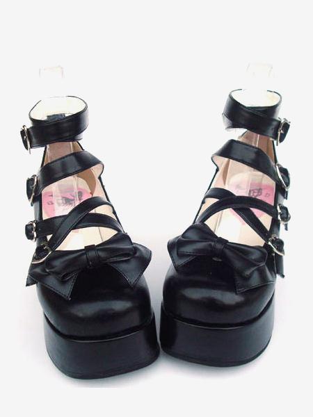 Image of Dolce Lolita nero opaco alta piattaforma scarpe alla caviglia cinghie cuore forma fibbie Bow