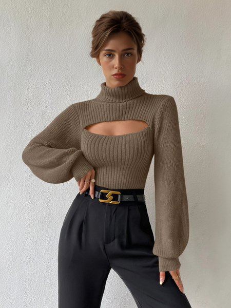 Image of Pullover sexy per donna maglione a coste colletto alto polsini ritagliati