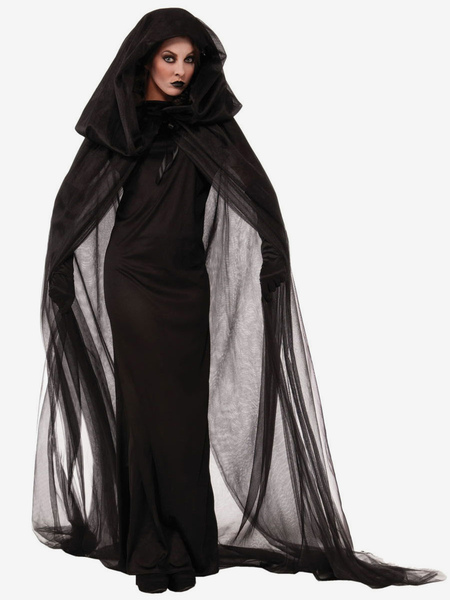Image of Costumi da strega di Halloween per le donne Copricapo spaventoso nero Costume da tunica in poliestere Set completo per le feste