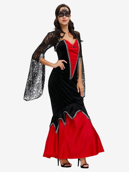 Image of Costumi da strega di Halloween per le donne Costumi da festa in pizzo di poliestere sexy rosso Set completo