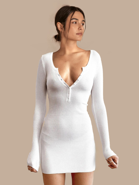 Image of Abiti da donna in maglione Abito a tubino lavorato a maglia con maniche lunghe con scollo a V bianco Abiti casual aderenti