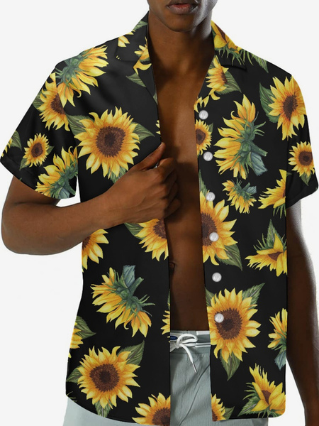 Image of Camicie hawaiane funky da uomo a maniche corte per le vacanze estive camicia casual Hawaii da spiaggia stampata con girasole