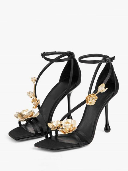 Image of Sandali neri con tacco alto punta quadrata dettagli floreali scarpe da ballo con tacco a spillo e cinturino