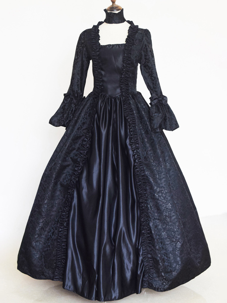 Image of Costumi retrò in oro nero Stampa floreale da donna Costume di Maria Antonietta Set di tessuto in raso con lacci Abito girocollo Costume gotico del XVIII secolo