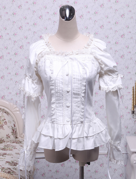 Milanoo White Cotton Lolita Blouse Long Sleeves Square Neck Lace Trim Layered Ruffles Lace Bow