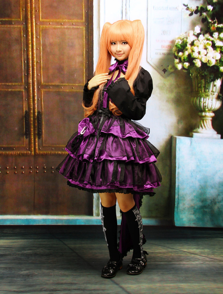 Image of Attrezzatura Lolita gotica viola in cotone con maniche lunghe