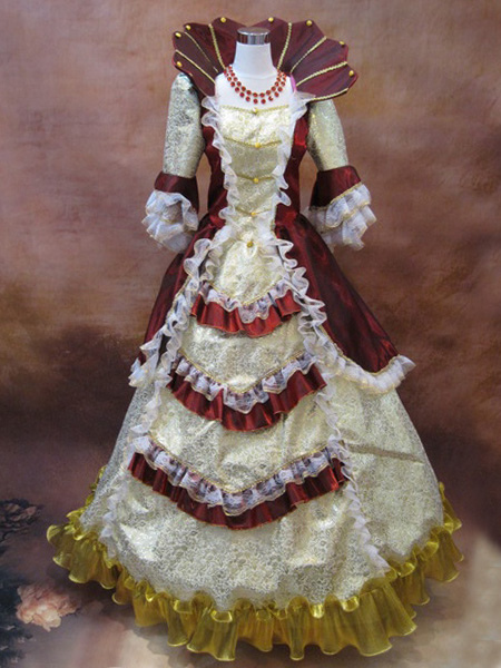 Image of Carnevale Blocco di colore rosso Costume retrò principessa rococò palla abito femminile balza mezza manica Costume Vintage Royal Maxi Dress Halloween