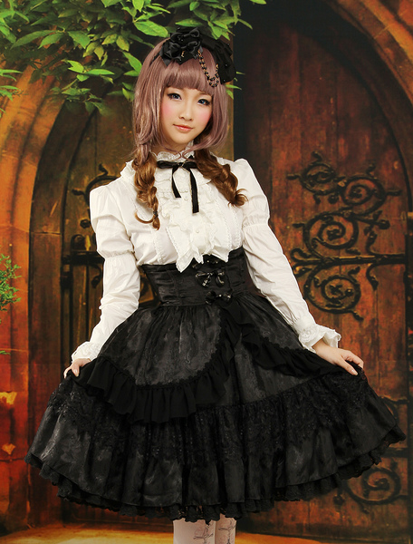 Image of Abito da Lolita gotico bianco e nero damascato in cotone con maniche lunghe e camicia