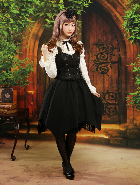 Image of Abito da Lolita gotico nero damascato in cotone con maniche lunghe