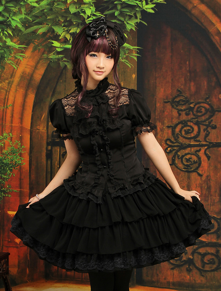 Image of Abito da Lolita gotico nero in finta seta in chiffon con maniche corte e gonna