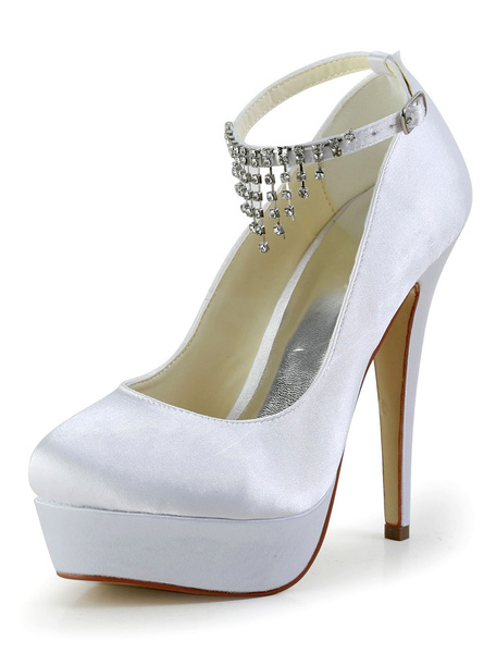 

White Rhinestone Ankle Strap Round Toe Silk And Satin Elegant Evening and Bridal Platforms