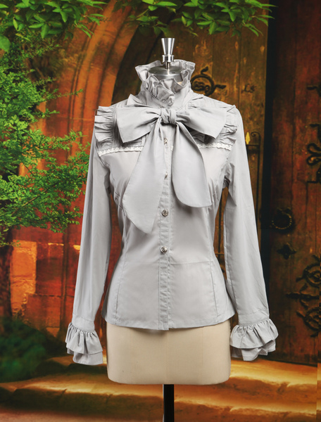 Image of Camicia di cotone grigio elegante maniche lunghe Lolita