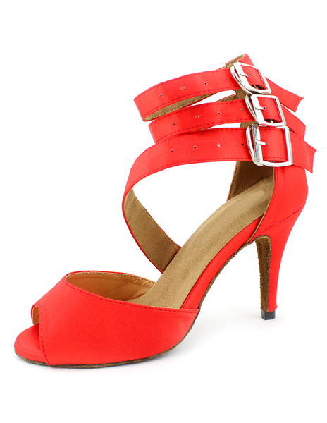 

Unique Red Ankle Strap Peep Toe Silk And Satin Latin Dance Shoes
