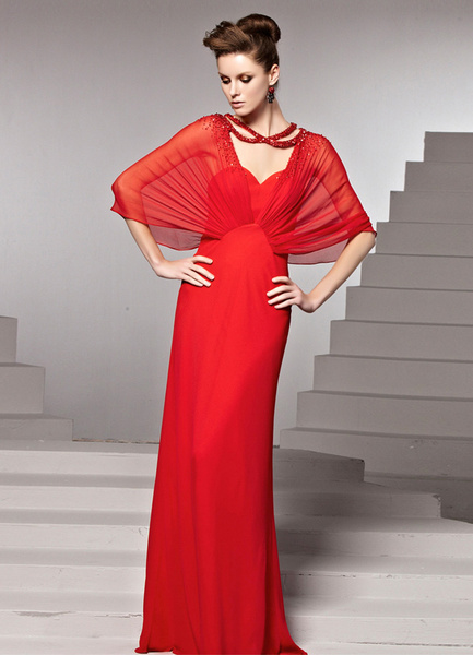 

Red Beading V-Neck Sheath Elastic Silk Like Satin Sexy Evening Dress, Ture red