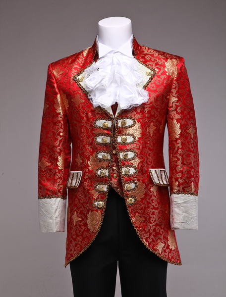 Image of Costume da principe retrò da uomo in jacquard rosso rosso costume reale vintage europeo carnevale