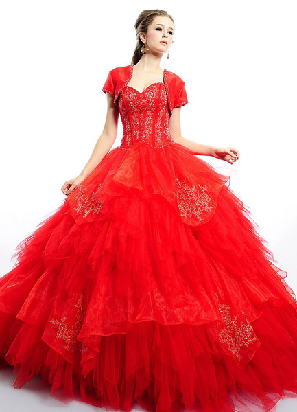 

Elegant Ball Gown Red Floor Length Tulle Quinceanera Dress, Ture red