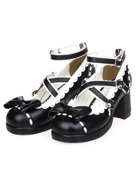 Milanoo Sweet Lolita Chunky Heels Shoes Ankle Strap Bow Deco