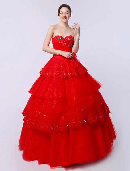 

Red Floor-Length Ball Gown Quinceanera Beaded Dress with Applique, Ture red