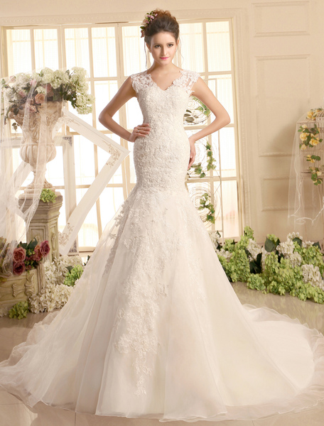

Milanoo Lace Wedding Dress V Neckline Ivory Illusion Organza Mermaid Bridal Wedding Gown