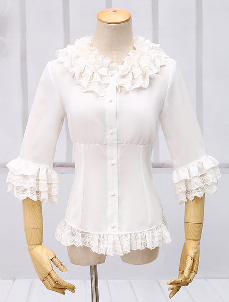 Image of Bianco in Chiffon Lolita camicetta maniche metà Ruffles Lace Trim