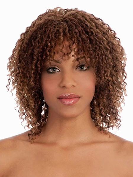 Image of Marrone profondo riccioli resistente fibra parrucca media per donne