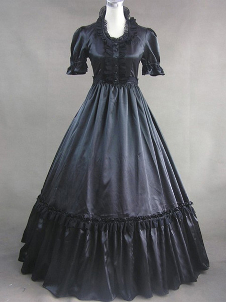 Image of Vittoriana nera manica corta popeline vestito Costume Carnevale